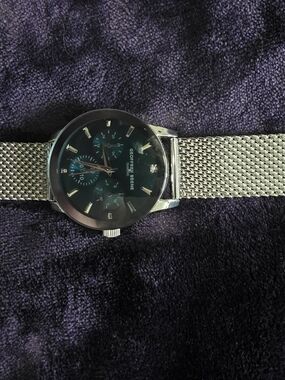 Geoffrey Beene Silver Mesh Band Chronograph Watch — Black Dial